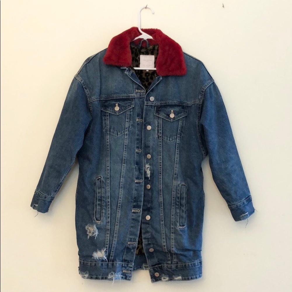 Zara Faux Fur Distressed Longline Denim Jacket